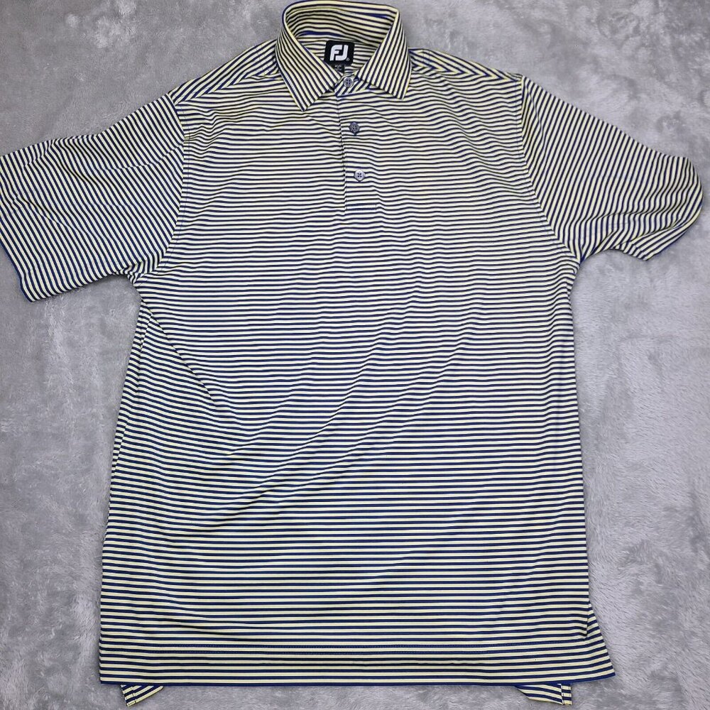 FJ Polo Shirt Men's Large Blue Yellow‎ Stripe Footjoy Golf Stretch